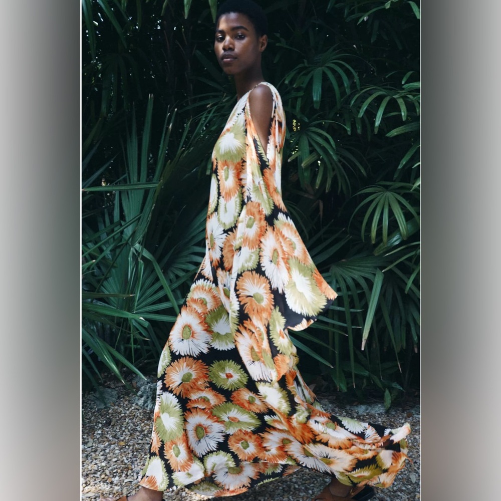 Zara One-Shoulder Floral Maxi Dress in Black, Orange & Green